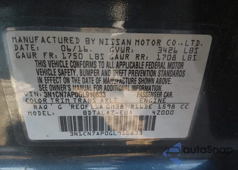 2016 Nissan Versa 1.6 S+ from USA, damaged, VIN 3N1CN7AP0GL910833